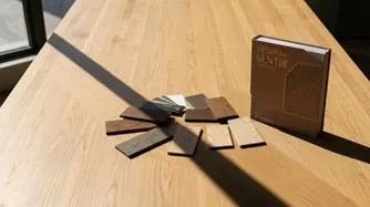 Tablero Pelíkano de acabado maderado junto a muestras de colores